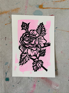 Rosebud Block Print- black on pink