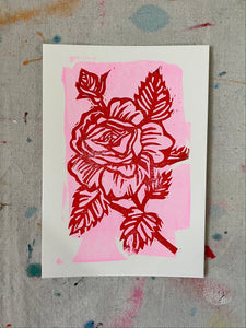 Rosebud Block Print- red on pink