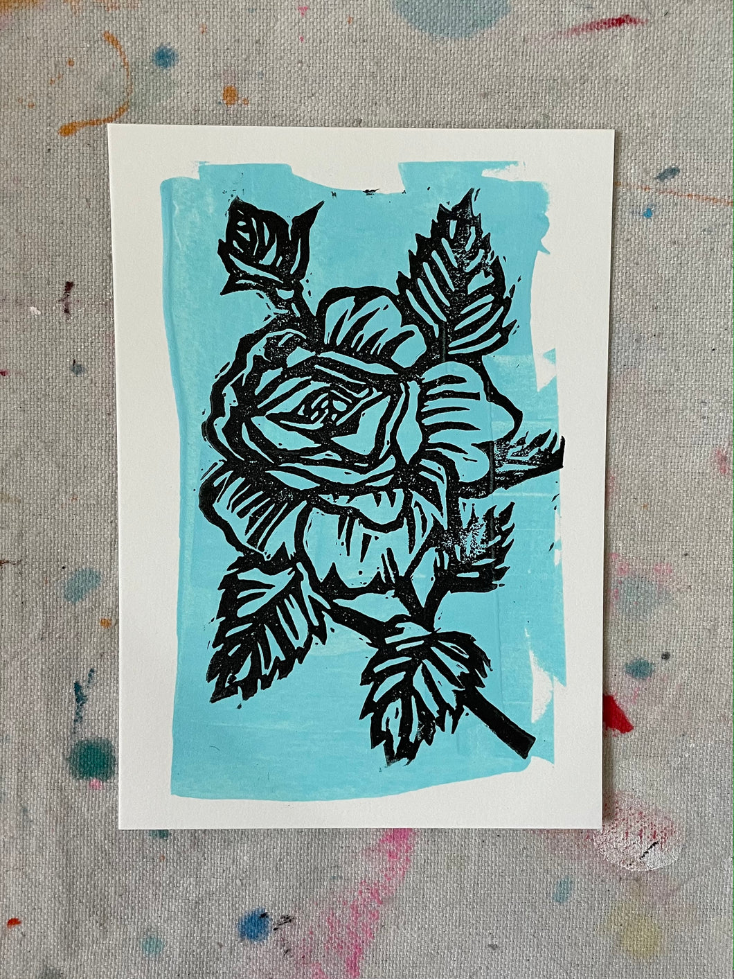 Rosebud Block Print- black on blue