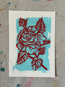 Rosebud Block Print- red on blue